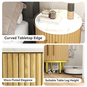 2-Piece Modern Small Fluted Nightstand Set with Faux Marble Tops, Metal Handles, Sliding Doors, Curved Edges, Boho Bedside End Tables for Bedroom, Living Room