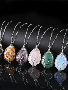 Natural Crystal Life Tree Teardrop Pendant Necklace, Boho Style Women's Jewelry, PU Leather Chain, All Seasons Accessory