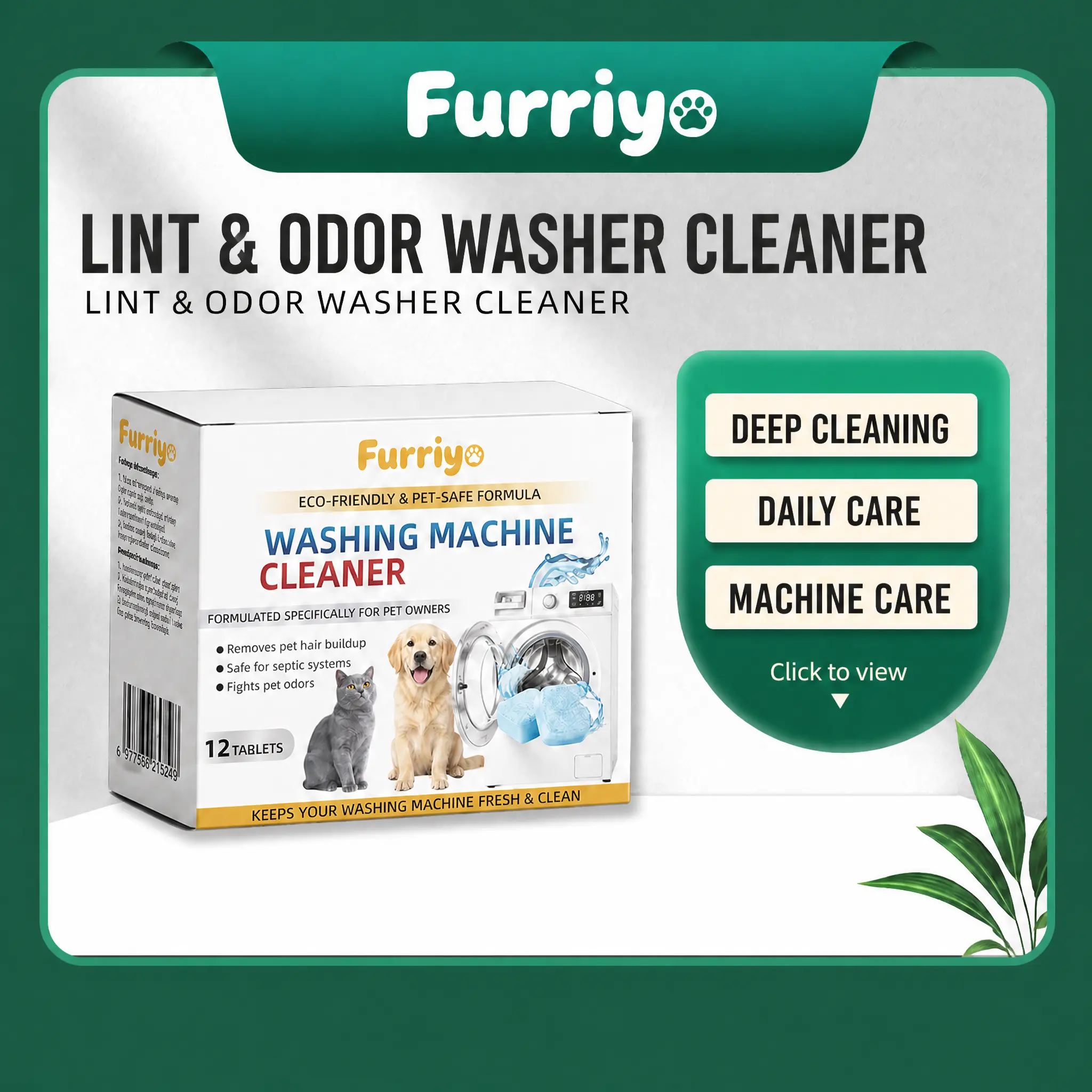 Furry Washer Cleaner Tablets with Alkaline Protease for Pet Owners, Septic-Safe Household Pet Hair & Stubborn Odor Eliminator, Deep Limescale Grime Remover, Eco-Friendly Washer Tank Deodorizer, 12 Pcs Box, Odor-Free