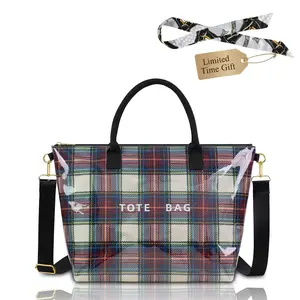 Vintage Style Clear PVC Tartan Tote Bag Large Capacity Women's Shoulder Bag for Travel & Shopping Perfect Gift