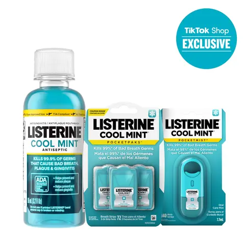 Listerine Travel-Size TikTok Shop Trio, Cool Mint Mouthwash 3.2 fl oz, Pocketmist and PocketPaks Fresh Breath Strips