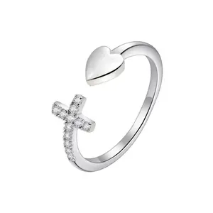 Women's S925 Silver Cross Heart Adjustable Ring, Elegant Jewelry Gift for Women, Perfect Valentine's Day Birthday Present