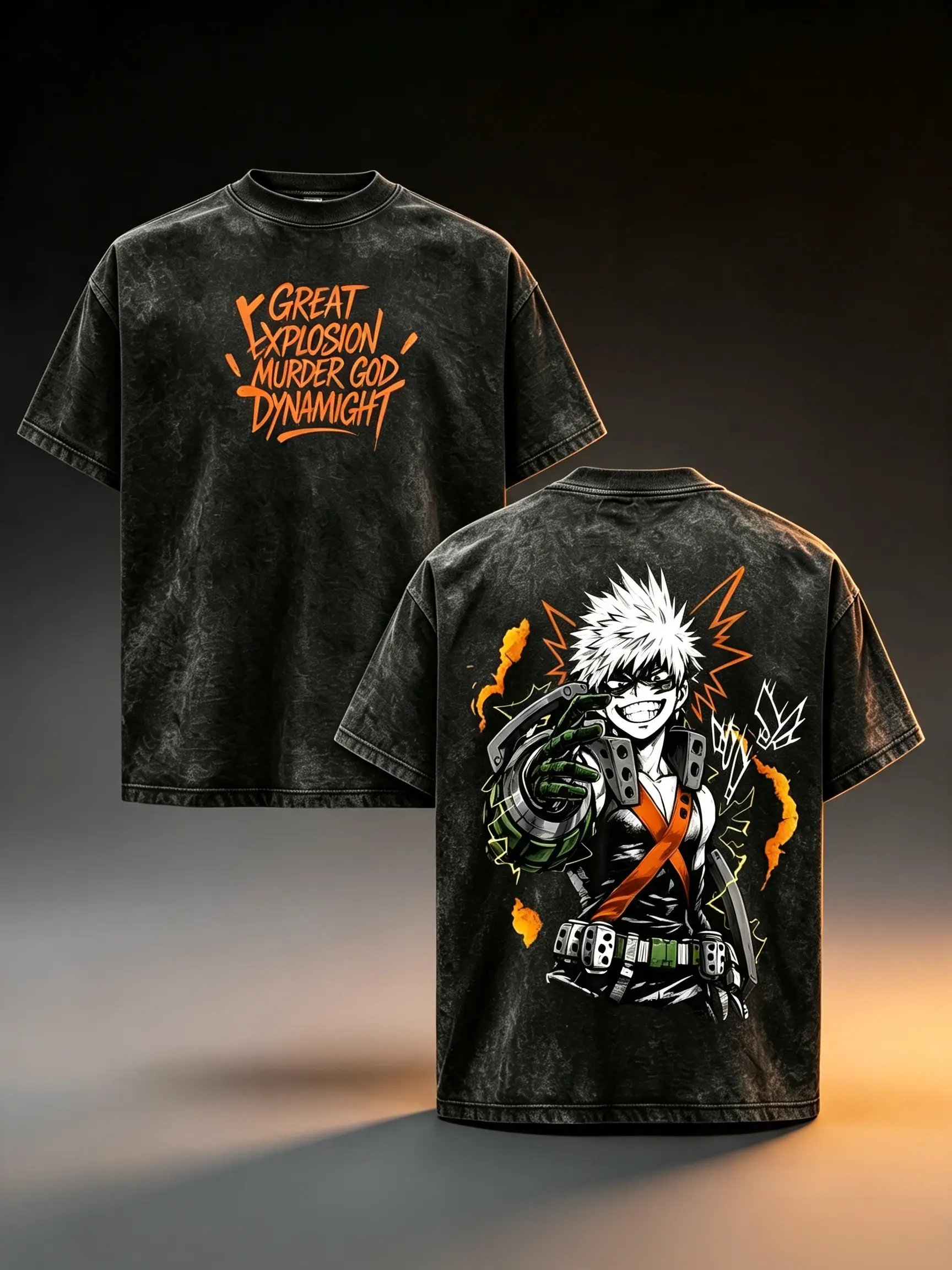 Men's Distressed Oversized Short-Sleeve T-Shirt - My Hero Academia Season 8 Katsuki Bakugo Explosive Graphic, Vintage Washed Soft Cotton, Unisex Grunge Streetwear, Gift for MHA Fans