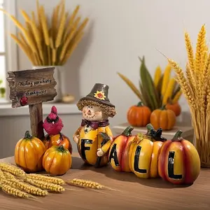 1pc Handmade Resin Farmhouse Pumpkin Decoration - Hand-Painted-Look Fall Harvest Table Centerpiece with "FALL" Lettering & Wheat Stalks, Thanksgiving/Halloween/Christmas Tabletop or Garden Statue, Handmade Autumn Decor Gift (1pc