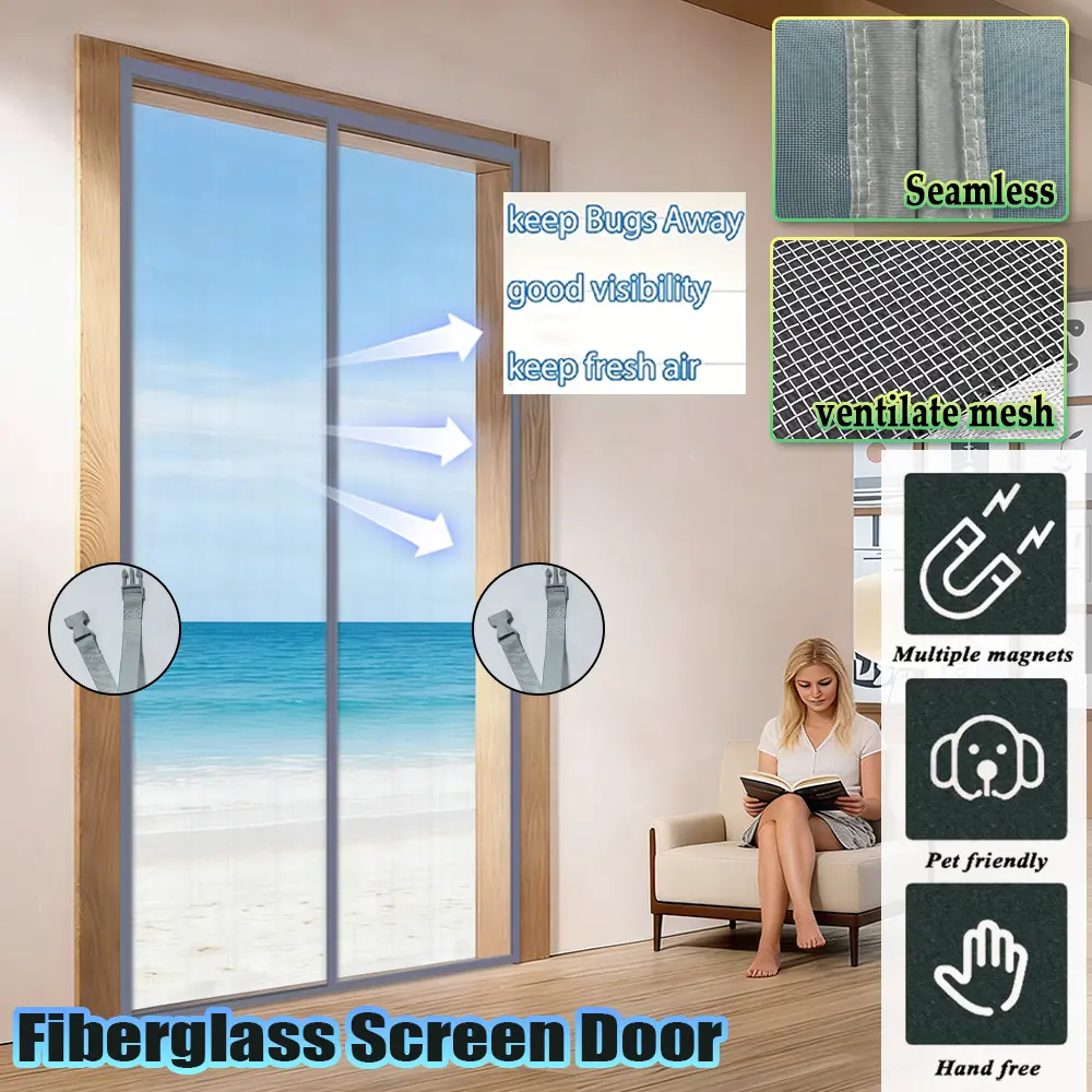 Summer Magnetic Screen Door - Heavy-Duty Fiberglass Mesh with Storage Clasp, Durable Invisible Ventilated Design, Cat & Dog Scratch-Proof, Keeps Bugs Away, Automatic Closing Curtain for Bedroom, Living Room, Keep Bugs Away