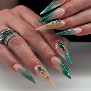 Handmade Green Stiletto Press On Nails, Emerald Gemstone Marble Ombre Nail Art Decorations