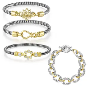 Aprilery Two-Tone Cable Bracelet Set – Clover Heart of Luck, Knot of Strength & Chain of Unity