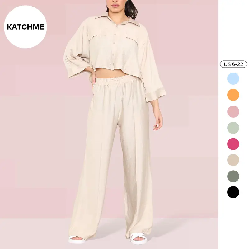KatchMe Women's Versatile Long Sleeve Button Faux Pockets Crop Top & Elastic Waist Trousers Co-ord, Minimalist Lady Two-Piece Outfit for Womenswear