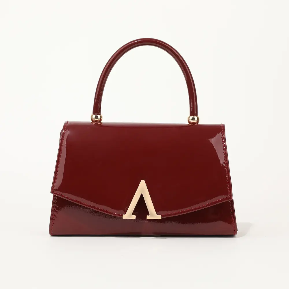 Women's Burgundy Glossy Patent Leather Mini Top Handle Handbag - Vintage Envelope Flap Small Satchel with Gold Triangle Metal Lock, Detachable Shoulder Strap, Elegant Retro Crossbody Purse for Daily Work, Dating (Handbags for Women)