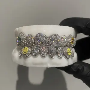 Hip Hop 925 Silver Mosaic Grillz for Men Women Custom Enamel Teeth Grillz With VVS Moissanite Diamond