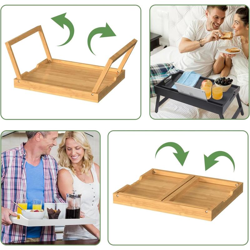 Bamboo Bed Tray Table with Foldable Legs, Breakfast in Bed Tray for Eating, Kitchen Serving Trays, Folding Table for Sofa, Beds, Eating, Working, Used As Laptop Desk Snack Trays, Brown