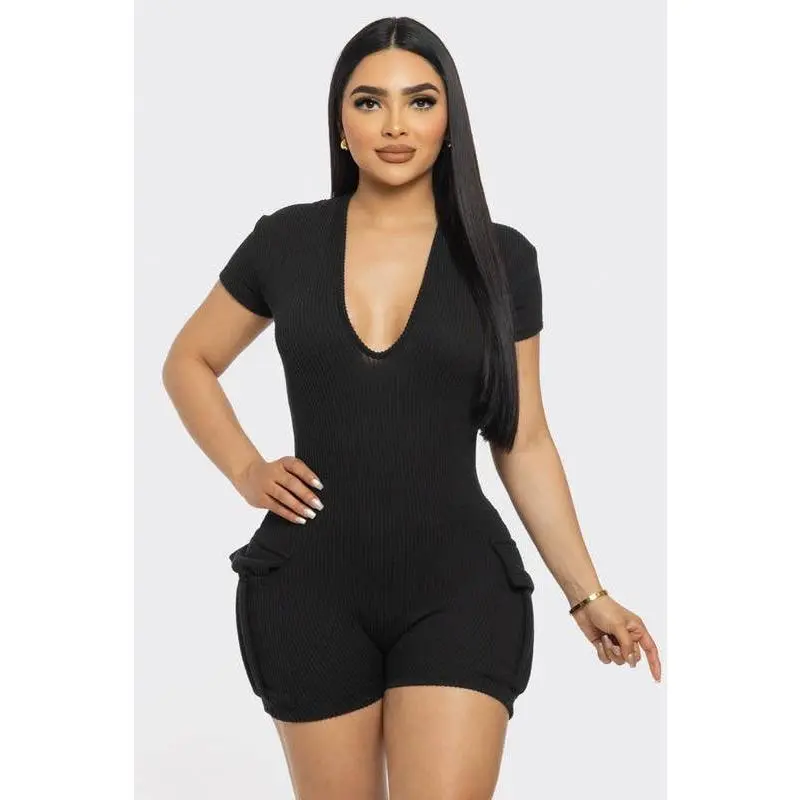 Ribbed Cargo Pockets Rompers Jumpsuit Solid