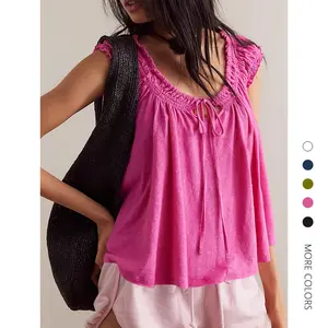 Danedvi Women Summer Tie Front Tank Tops Cap Sleeve Pleated Babydoll Tops Casual Loose Fit Going Out Flowy Shirt