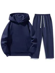 Men's Plain Two-Piece Sweatsuit Set, Fitted Casual Hoodie & Drawstring Pants, Thick Fabric for Fall/Winter, Everyday Wear Essentials