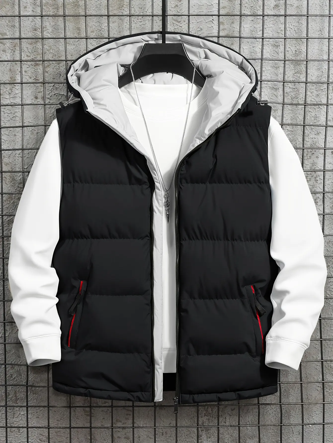 Men's Hooded Vest Jacket - Menswear Tops with Zipper Pockets, Machine Washable for Fall & Spring (Brown White), Casual Cold-Weather Outerwear for Outdoor Activities & Everyday Wear