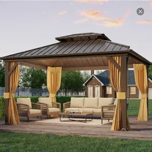 SA-Garvee Outdoor Gazebo for Patio 10x12, Metal Frame Canopy with Double Roofs, Heavy Duty Party Tent and Shelter with Mosquito Netting and Privacy Screen for Backyard, Lawn, Garden, Deck, Brown