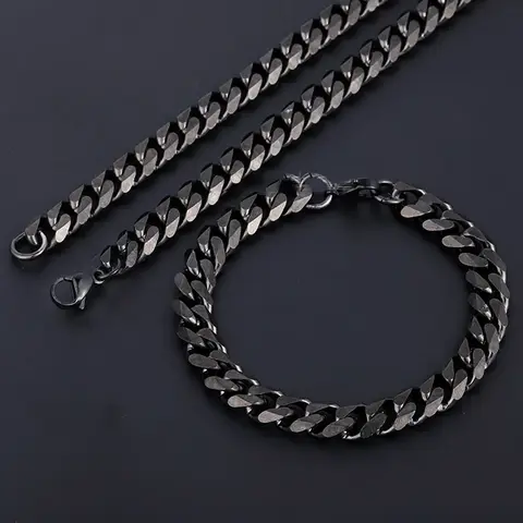 Mens Jewelry Sets Stainless Steel Black Color Curb Link Necklace Bracelet Jewelry Sets for Men Women Gifts 3/5/7/9/11mm
