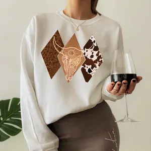 Boho Bull Skull Sweatshirt, Women's Country Shirt, Farmer Sweatshirt, Cowboy Rodeo Shirt, Cowgirl Shirt, Bullhead Sweatshirt, Cowskull Sweatshirt Womenswear Sweaters Tops