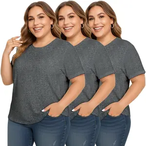 Women's Plus Size Fitted Solid Gray Crew Neck Long Sleeve Polyester T-Shirt - Chic Fashion Minimalist Elegance Casual Basic Top, Comfortable, Versatile, Wrinkle-Resistant, Sizes L-6XL
