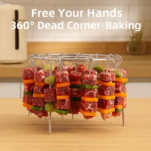 2-Pack Air Fryer Vertical Skewer Racks with 24-skewer capacity each, providing 360° even heating without flipping, durable 4mm stainless steel frame, sharp loading tips, and compact, space-saving design ideal for everyday grilling or parties.