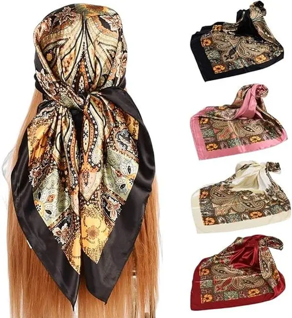 4-pcs women's printed imitation silk headscarf, 35 inch retro square scarf, suitable for beach, travel, daily wear, can be used as headscarf, scarf, waist accessory, neck scarf