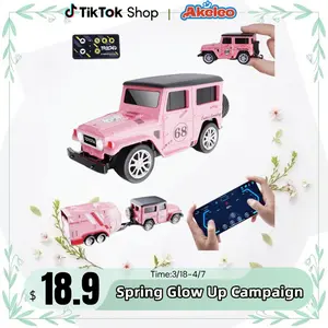 Mini RC Car with APP Control 1:64 Scale Off-Road Vehicle & Trailer Toy 2.4GHz Wireless Remote Control LED Lights Alloy Case MultiControl Modes Speed Steering Adjustable Kids Friendly Truck,Christmas gift