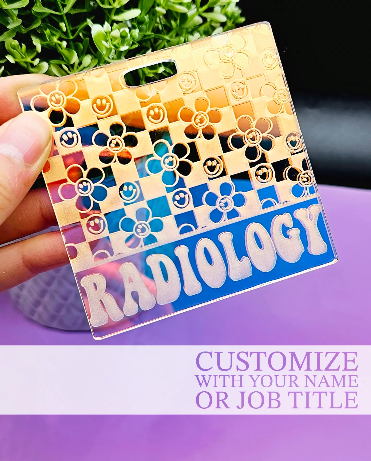 Iridescent Badge Buddy - Laser Engraved - Color Shift - 1/8 in thick acrylic