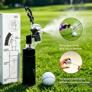 2-in-1 Golf Club Water Brush Cleaner - Black Features a built-in golf ball marker and includes a leather lanyard to prevent loss. Unisex professional golf accessory. The ultimate golf gift for swing enthusiasts! Father's Day gift selection.