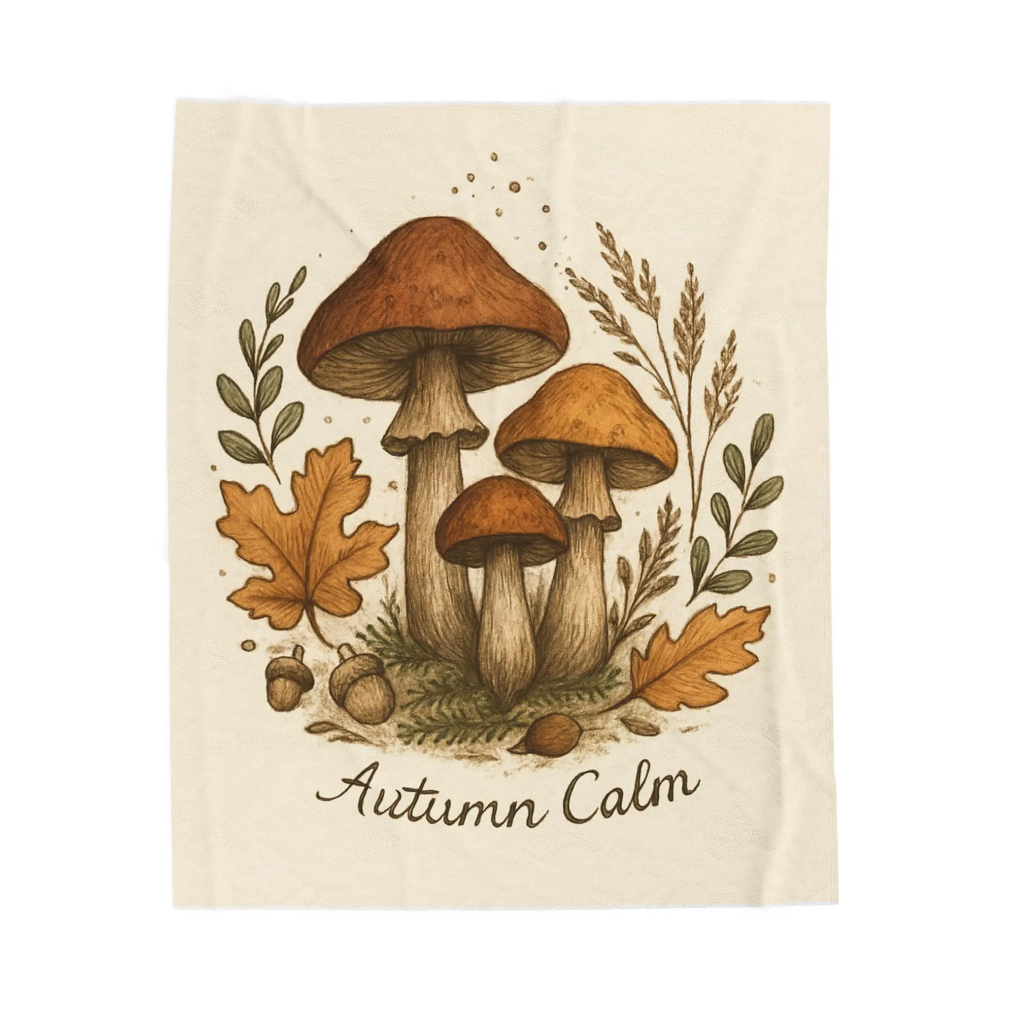 Autumn Calm Mushrooms Soft Velveteen Plush Blanket - Durable Adult Cozy Throw, Double Needle Topstitching, Machine Washable, Tumble Dry: Low Heat, Nature Lover Gift, Fall Hygge Home Accessories