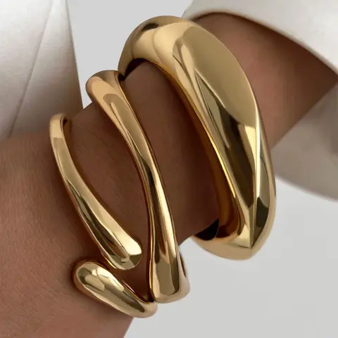 Women's 17KM Chunky 14K Gold Plated Elegant Jewelry Bracelet Set - Stackable Arm Cuff & Bangle, Everyday Wear, Gold Aesthetic Costume Statement Jewelry, Accessories for Adult Females, Gifts for Adult Females, Stackable Bracelets