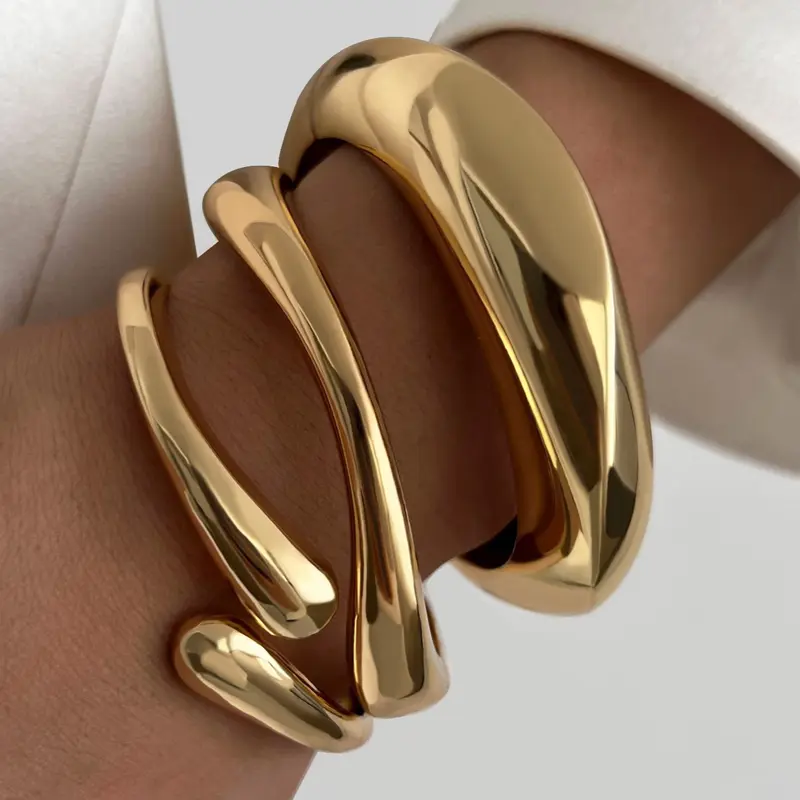 Women's 17KM Chunky 14K Gold Plated Elegant Jewelry Bracelet Set - Stackable Arm Cuff & Bangle, Everyday Wear, Gold Aesthetic Costume Statement Jewelry, Accessories for Adult Females, Gifts for Adult Females, Stackable Bracelets