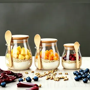 Glass Storage Jar with Lid & Spoon, 3 Counts (350ml/600ml/1000ml) Overnight-Oats Jar with Stickers & Pen, Food Storage Container for Yogurt, Spice, Salad, Kitchen, Glass Mason Jar, Glass Containers