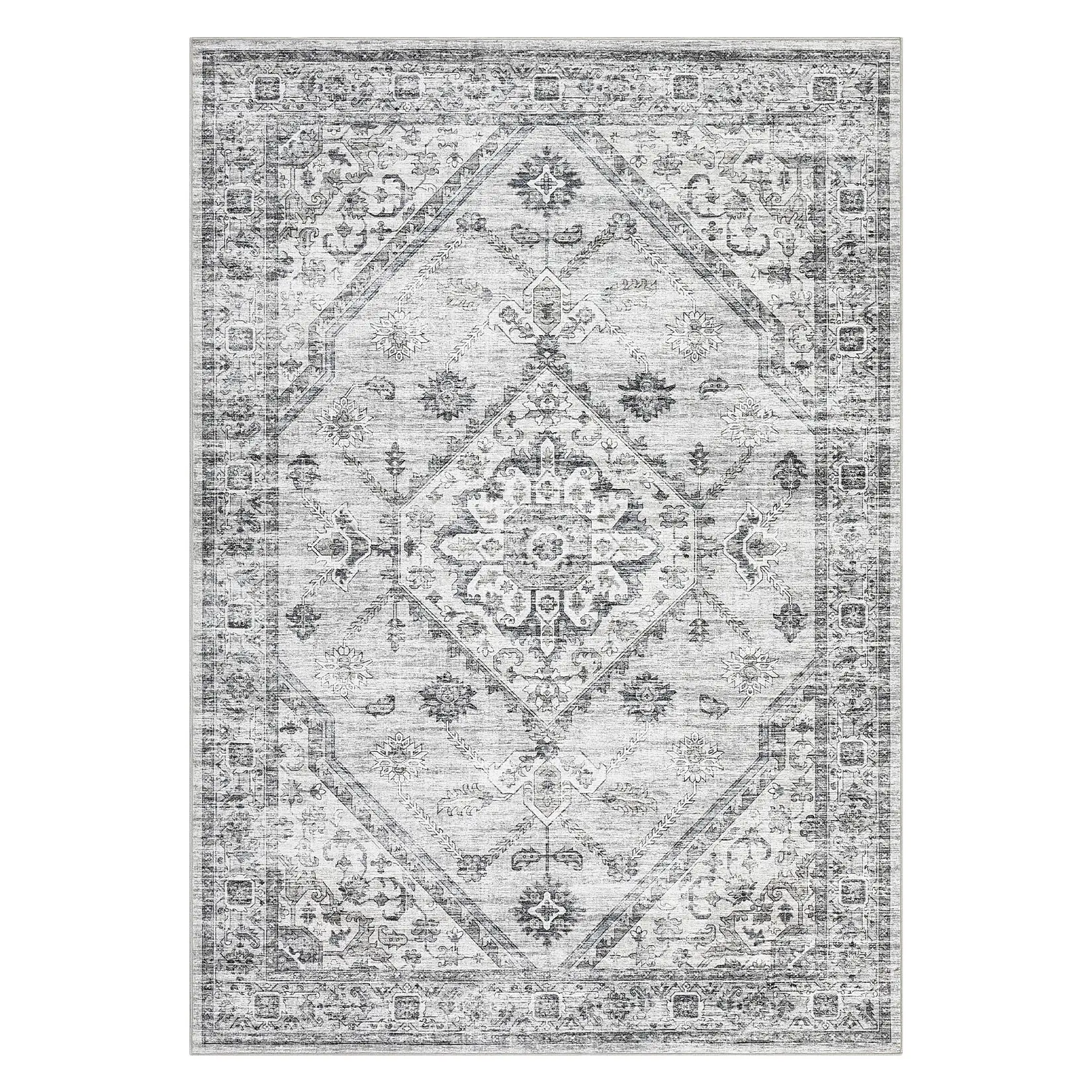 5x7 ft Light Gray Faux Cashmere Modern Floor Rug - Rectangular Soft Geometric Design Persian-Inspired, Durable Long-Lasting Indoor Area Rug, Foldable Washable Polyester Home Decor for Hallway