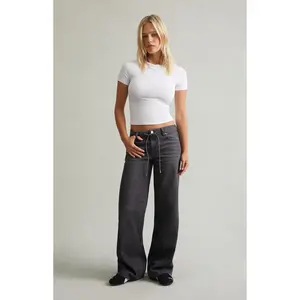 Pacsun Women's Casey Low Rise Baggy Jeans Glitter Drawstring Gray