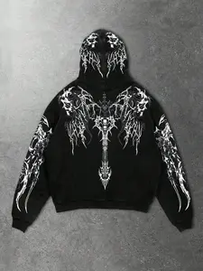 Men's Gothic Spring Casual Print Halloween Dark Metallic Punk Street Loose Skull Cross Print Long Sleeve Hooded Sweatshirt, Y2K, Streetwear, Menswear