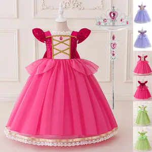 3-9Y with Crown Magic Wand Bow Hot Pink Sequins 046 Cartoon Cosplay Costume Fancy Carnival Kids Clothes Performance Princess Theme Party Holiday Girls Long Ball Gown Children Cocktail Dress