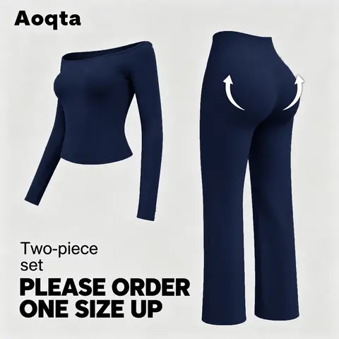 Size Up Recommended Aoqta women’s two-piece fitness set — quick-dry off-the-shoulder long-sleeve top and loose high-waisted ankle-length flared pants; women’s activewear design featuring yoga leggings, compression wear, workout apparel, breatha daily