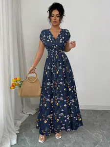 Women's Floral V-Neck Waist-Cropped Dress, Casual Fitted Dress, Womenswear, Elegant Summer Fashion, Perfect for Casual, Comfortable & Stylish Design