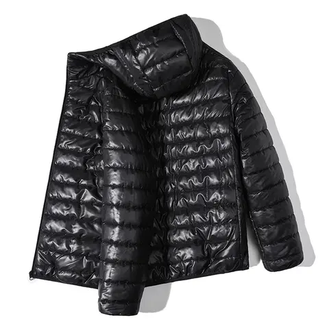 Men’s Glossy Fitted Woven Hooded Coat, Solid Color, Warm, Windproof Protection - Navy Blue for Autumn Winter Everyday Casual Wear
