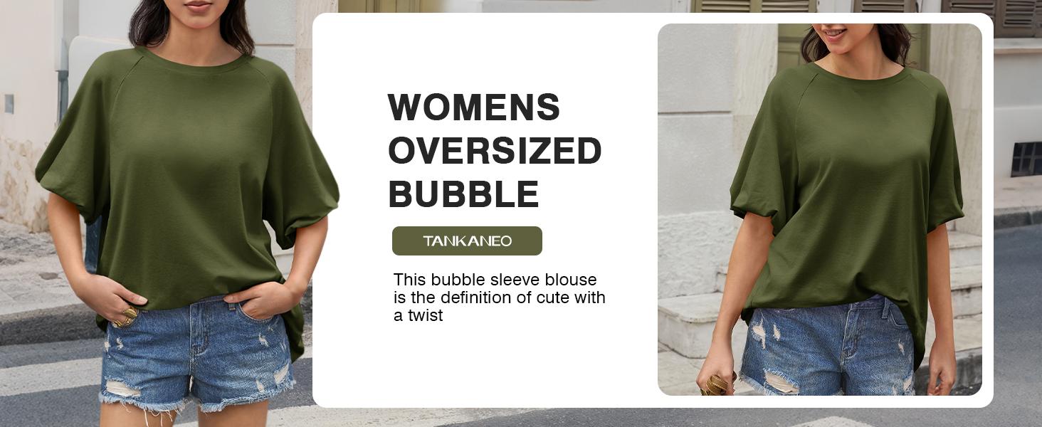 Tankaneo Womens Oversized Puff Short Sleeve T Shirt Summer Casual Crew Neck Tunic Tops Loose Fit Basic Tees