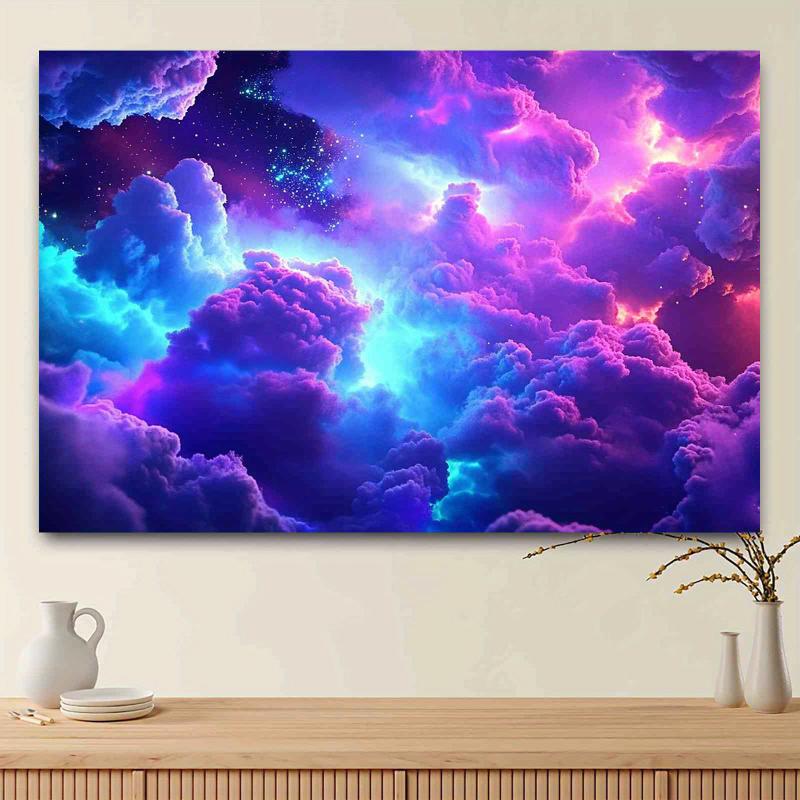 Cosmic cloud blacklight tapestry with UV reactive glow in vibrant purple, pink, blue, green design.Durable polyester fabric in multiple sizes for bedroom, living room, dorm, or party decor.Ideal for housewarming or anniversary backdrop.