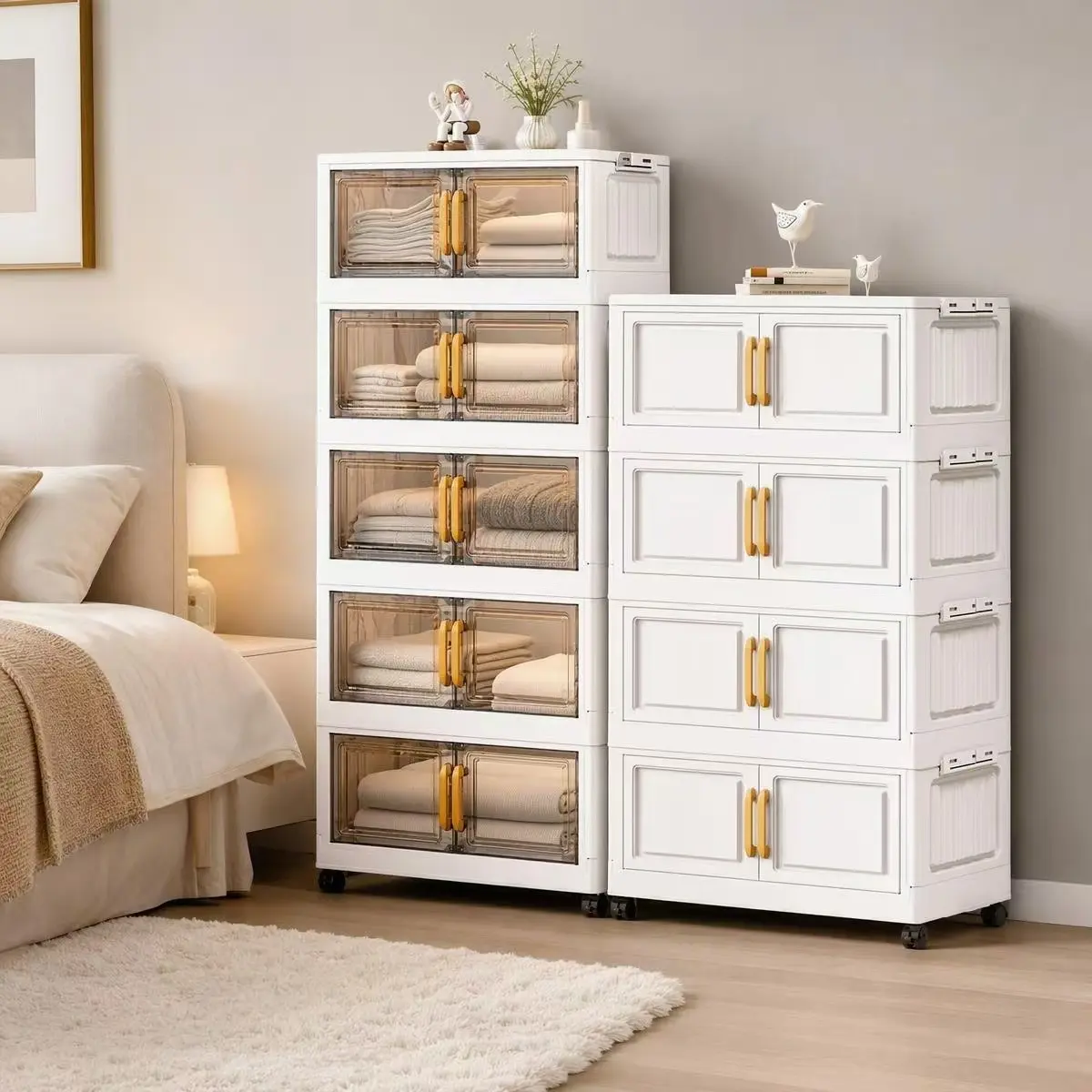 Large Capacity Stackable Storage Cabinet with Doors, Plastic Drawer Organizer with Transparent Front Panels, Multi-Layer Clothes and Towel Storage Chest with Wheels, Space-Saving Organizer for Bedroom, Closet, Living Room, Bathroom and Home Organization