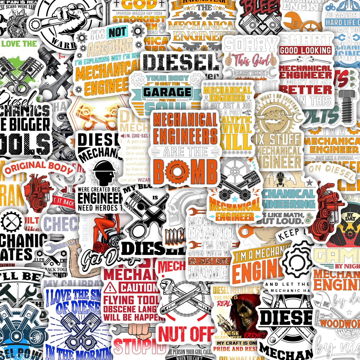 50Pcs Mechanic Diesel Stickers Pack, Waterproof Mechanical Engineer & Garage Tools Vinyl Decals for Laptop, Water Bottle, Journal & Scrapbook, Stickers for Scrapbooking, Mechanic Gift, Sticker Packs, Stickers Kit