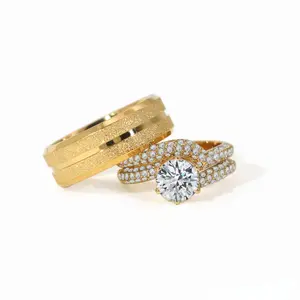 Lvrong Couple Rings Round 1.5ct CZ Gold Plated Women Wedding Ring Sets For Him nd Her Ring Men Titanium Steel Wedding Band