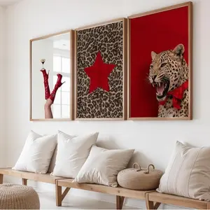 Red Leopard Wall Art Set of 3, Heels Martini Cocktail Coquette Fashion Prints, Red Star Leopard Trendy Bedroom Decor