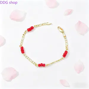 2026 Gold Plated Wine Red Beaded Bracelet, Trendy Dainty Chain Wristband, Adjustable Stackable Jewelry for Women, Lucky Minimalist Accessory, Perfect Christmas & Holiday Gift