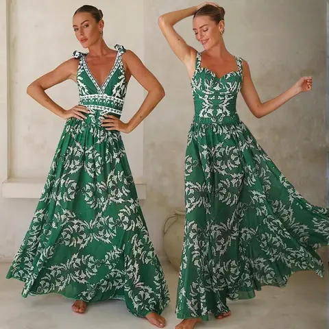 FLAXMAKER Women's V Neck Green Botanical Print One Piece Swimsuit with Matching Cover Up Skirt Set, Tummy Control Beachwear, Stylish Swimdress, Skirt Style   Beachwear, Flowy Bathing Suits