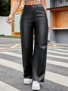 Women's High Waist Shiny PU Leather Wide Leg Jeans, Matte Coating, Fashion Versatile, Perfect for Parties, Commuting, Festivals, Long Pants