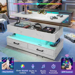 40 Inches Lift Top Coffee Table with 2 Drawers and LED Lights White Marble