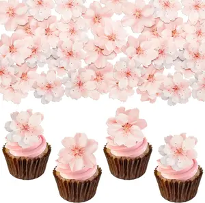 54Pcs Edible Cherry Blossoms Cake Decorations Edible Cherry Blossoms Cupcake Toppers Wafer Paper Flowers Cake Toppers for Baby Shower Kids Birthday Party Cake Food Decorations Supplies Pink
